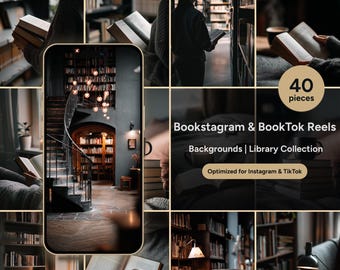 Bookstagram & BookTok Reels Hintergründe | 40 Gesichtslose Bibliothek Sammlung JPG