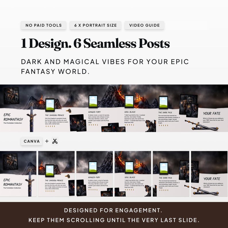 Fantasy: Atmospheric and moody fantasy romance Canva template for epic book reviews and world-building.