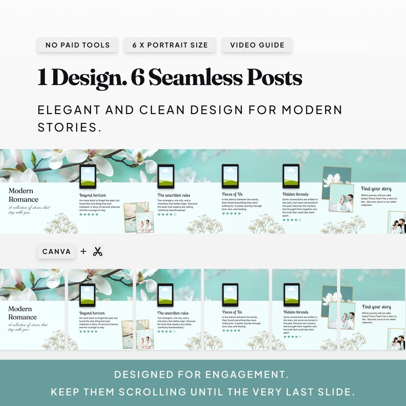 Modern: Minimalist and editorial Canva carousel template for contemporary romance book reviews.