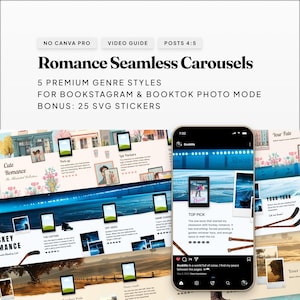 Romance Seamless Carousel Canva template for Bookstagram and BookTok, 5 genre-specific styles including Hockey and Fantasy romance.