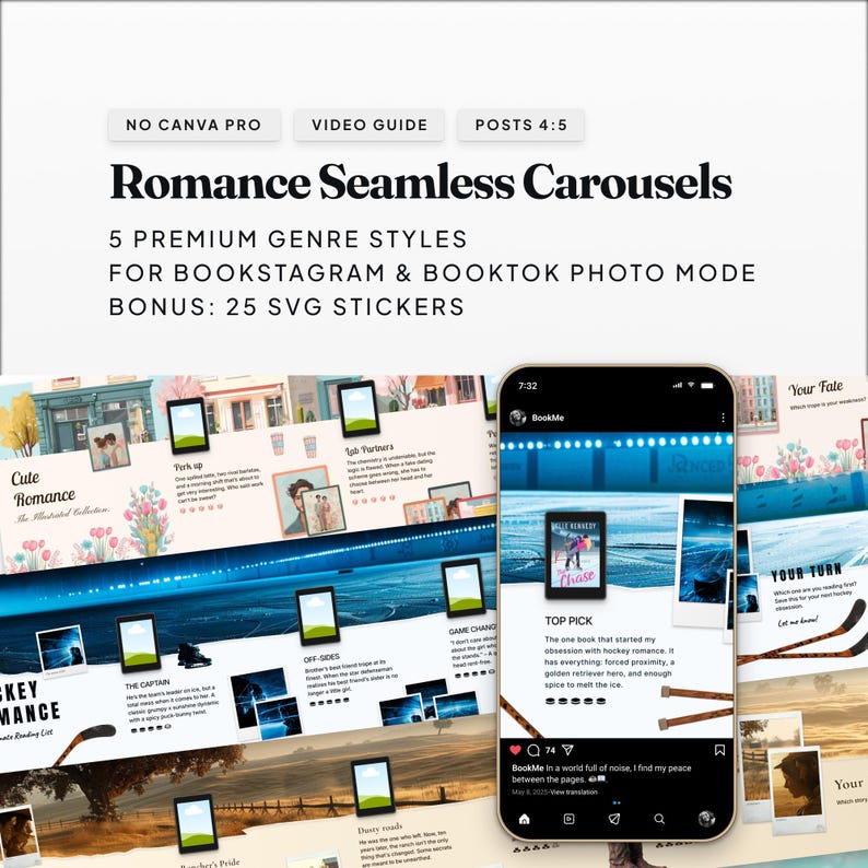 Romance Seamless Carousel Canva template for Bookstagram and BookTok, 5 genre-specific styles including Hockey and Fantasy romance.
