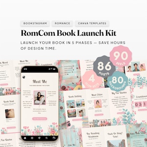 以下が含まれることがあります： ロマンス小説の発売用デジタルマーケティングキット。スマートフォンモックアップ、ソーシャルメディアテンプレート、グラフィックが特徴です。キットには、投稿、リール、背景、アイコンのテンプレートが含まれており、「RomCom Book Launch Kit」というテキストが表示されています。