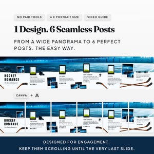 6-slide seamless carousel framework for Canva showing how one post flows into the next for a professional Instagram feed. Hockey romance book review template for Canva featuring puck-shaped rating icons and sporty aesthetic for Bookstagram.
