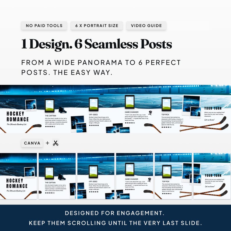 6-slide seamless carousel framework for Canva showing how one post flows into the next for a professional Instagram feed. Hockey romance book review template for Canva featuring puck-shaped rating icons and sporty aesthetic for Bookstagram.