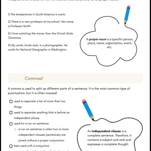 May include: Educational worksheet on capitalization and commas. Includes examples and definitions, with a blue pencil illustration. The text explains proper nouns and independent clauses.