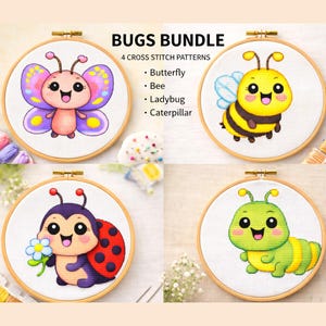 May include: Four cross-stitch patterns featuring cartoon bugs: a butterfly, bee, ladybug, and caterpillar. Each design is displayed in a wooden embroidery hoop. The text "BUGS BUNDLE" and pattern names are at the top.