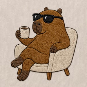 Puede incluir: Un parche bordado que muestra un capibara marrón con gafas de sol negras, sentado en un sillón color crema y sosteniendo una pequeña taza blanca. El diseño está realizado con costuras detalladas sobre un fondo de tela beige claro.