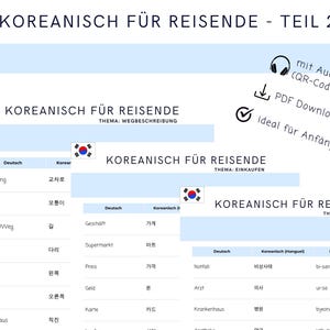Op de afbeelding: Een lichtblauwe educatieve bron getiteld "KOREANISCH FÜR REISENDE - TEIL 2" met Koreaanse zinnen voor reizigers. Bevat secties over Wegbeschreibung, Einkaufen en Notfälle. Met de Koreaanse vlag, audio QR-code en PDF download.