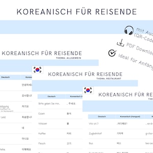 May include: A language learning guide titled "Korean for Travelers" with the Korean flag. The guide includes phrases for general use, restaurants, and travel. It also features audio, a PDF download, and is designed for beginners.