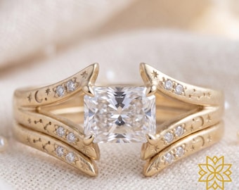 Radiant Cut Moissanite Engagement Ring Set, Celestial Moon Star Wedding Band, Vintage Gold Bridal Set, Unique Promise Ring