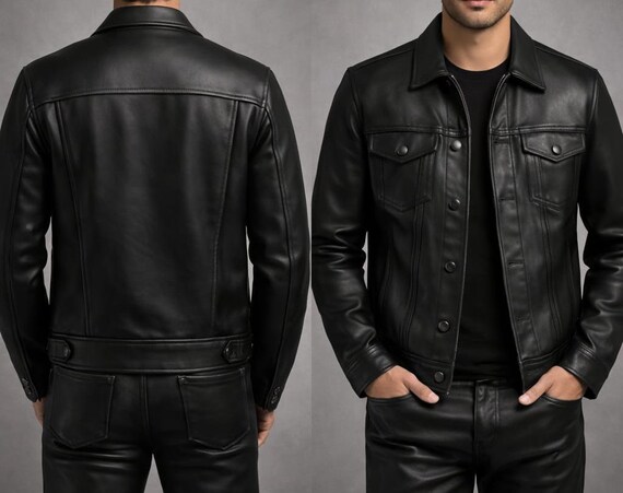 Men's Genuine Sheepskin Leather Trucker Jacket - Handmade