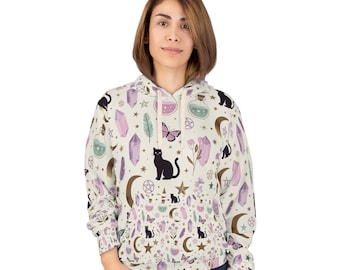 Sudadera con capucha con estampado de cristales de gatos brujos / Luna y estrellas de poción mágica
