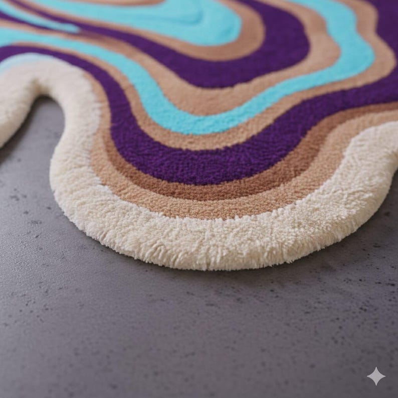 Op de afbeelding: Een golvend, abstract tapijt met een cr&egrave;mekleurige rand en een patroon van wervelende strepen. De strepen hebben tinten paars, bruin en blauwgroen. Het tapijt heeft een zacht, getextureerd uiterlijk, wat een comfortabele vloerbedekking suggereert.
