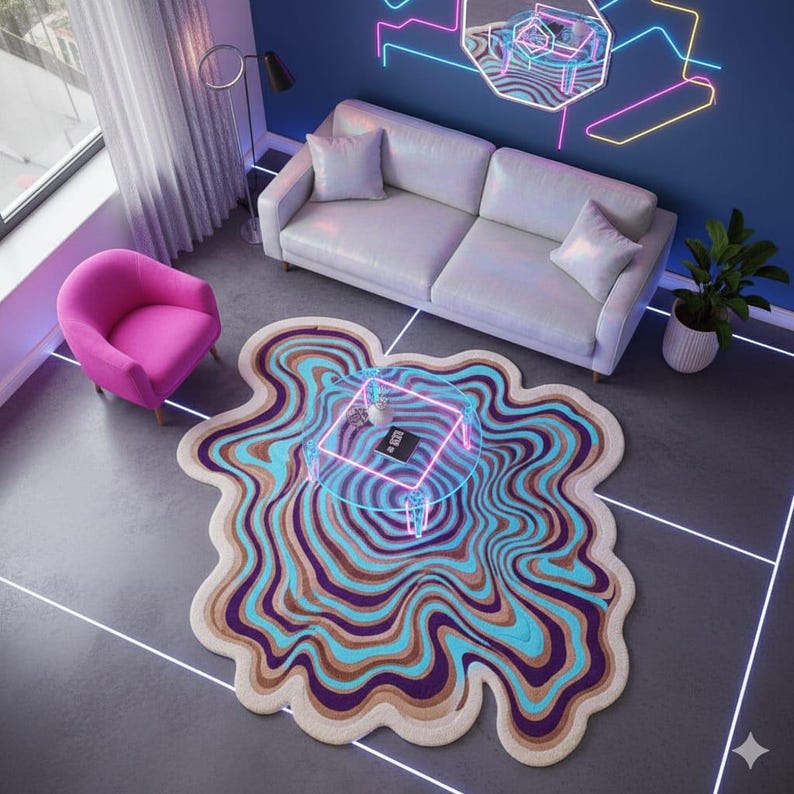 Op de afbeelding: Een moderne woonkamer met een witte bank, een roze fauteuil en een uniek tapijt met een golvend, kleurrijk patroon. Een glazen salontafel met een neonroze frame staat op het tapijt. De kamer heeft een neonlichtontwerp op de muur.