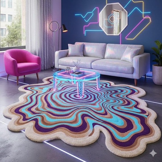 Hand-Tufted Wool Rug, Colorful Liquid Swirl, Abstract Wavy Design