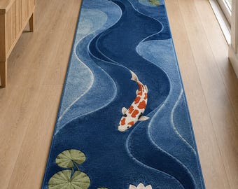 Alfombra de pasillo con diseño de peces koi, alfombra japonesa para pasillo con diseño de estanque, alfombra de suelo con diseño de nenúfares azules.
