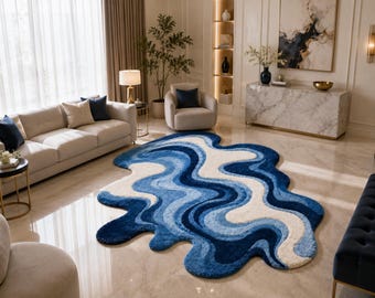 Blue Abstract Area Rug, Modern Wavy Tufted Carpet, Organic Shape Living Room Rug, Luxury Statement Floor Decor