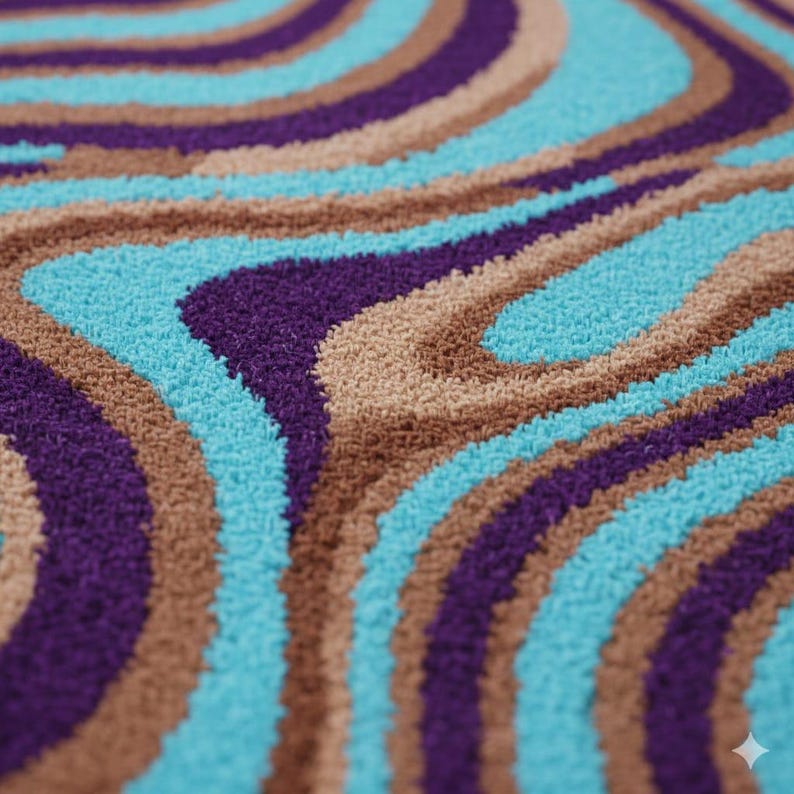 Op de afbeelding: Close-up van een getextureerd tapijt met een golvend patroon. Het ontwerp heeft afwisselende banden van turquoise, paars en bruin. Het tapijt heeft een zachte, pluche uitstraling, wat wijst op een comfortabele textuur. De algehele esthetiek is retro en stijlvol.