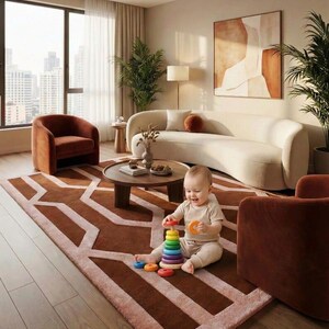 Modern Geometric Hand-Tufted Rug – Rust & Ivory Abstract Pattern Carpet | Luxury Minimalist Area Rug for Living Room, Bedroom Office