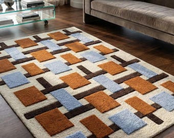 Alfombra moderna abstracta geométrica tejida a mano – Alfombra con estampado en tonos óxido, azul y marrón / Alfombra contemporánea para sala de estar, dormitorio y oficina.