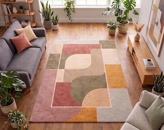 Mid Century Modern Hand Tufted Rug, Retro Abstract Wool Area Rug, Boho Geometric Living Room Rug, Scandinavian Modern Carpet, Colorful Rug
