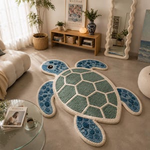 May include: A large, turtle-shaped rug with a blue and green design. The rug features a textured, geometric pattern on the shell and detailed flippers. The rug is placed on a neutral-colored floor in a living room setting.