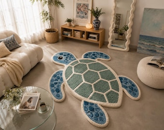 Tapete de tartaruga marinha, tapete tufado com animais marinhos, tapete para quarto de bebê com tema costeiro, tapete de tartaruga feito à mão, decoração para casa de praia