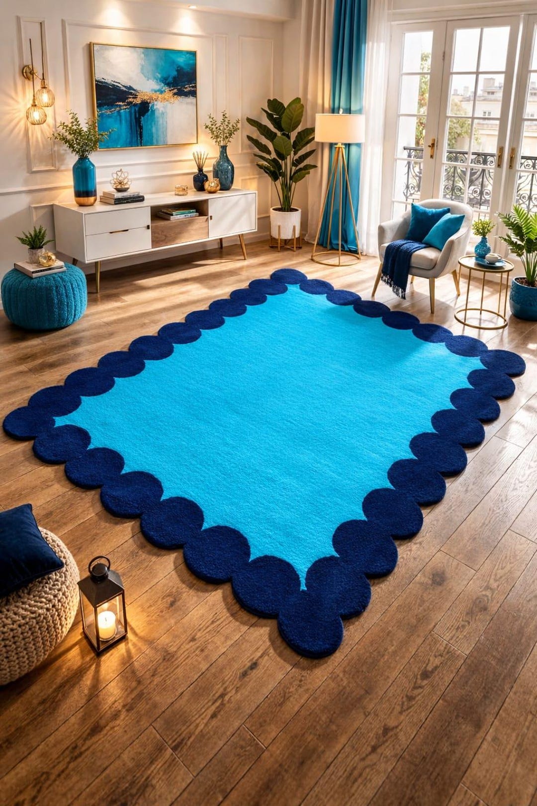 Hand Tufted Wool Scalloped Area Rug, Modern Wavy Blue Carpet - Etsy