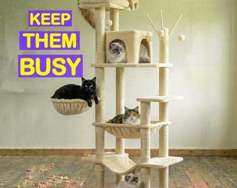 Grand arbre à chat avec jouets - Tour à plusieurs niveaux pour chats d'intérieur actifs