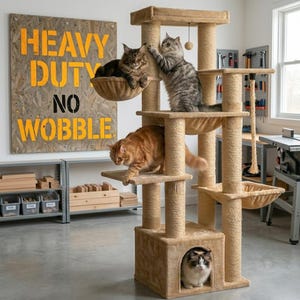 May include: A multi-level beige carpeted cat tree featuring multiple platforms, sisal-wrapped scratching posts, two hanging fabric cradles, and a bottom enclosed cubby. Four cats are positioned on various levels of the structure.