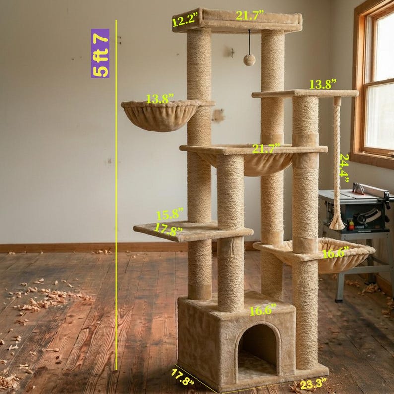 May include: A beige multi-level cat tree with sisal-wrapped scratching posts, multiple platforms, a hanging toy, and a base cubby. Dimensions include a total height of 5 ft 7 inches, with various platform widths ranging from 12.2 to 23.3 inches.