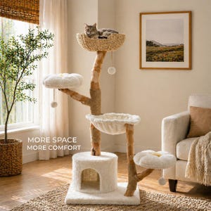 May include: A multi-level cat tree with a natural wood design. It features multiple platforms, including a woven basket, plush beds, and a hideaway. A cat is resting on the top level. The text "MORE SPACE MORE COMFORT" is visible.