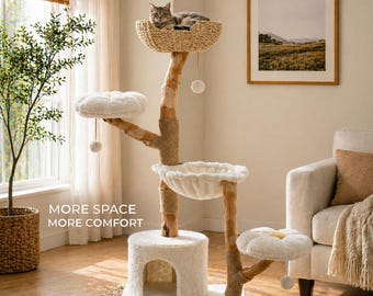 Natural Wood Cat Tree with Condo, Multi-Level Comfort for Indoor Cats