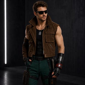Puede incluir: Una chaqueta marrón sin mangas con cuello alto y bolsillos delanteros, sobre una camiseta negra sin mangas con un collar de placa de identificación. El conjunto incluye pantalones verde oscuro, guantes negros sin dedos, un protector de antebrazo y un cinturón utilitario negro.