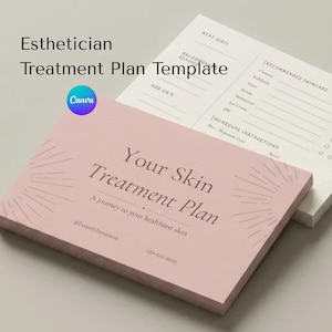 May include: A stack of pink and white esthetician treatment plan templates. The pink template reads "Your Skin Treatment Plan" with a sunburst design. The white template has sections for skincare and homecare instructions.