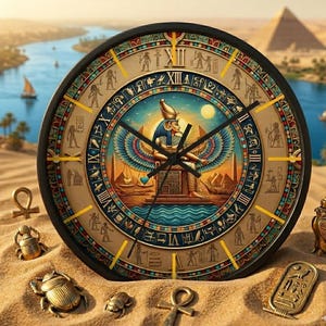 Puede incluir: Reloj de pared redondo con temática egipcia. La esfera del reloj presenta jeroglíficos, una imagen central de una figura egipcia y números romanos. El reloj es negro con detalles dorados. El fondo muestra pirámides, un río y un paisaje desértico.