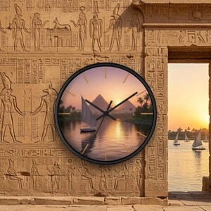 Nile Sunset with Pyramids Wall Clock | Sailboat River Scene, Egyptian Landscape