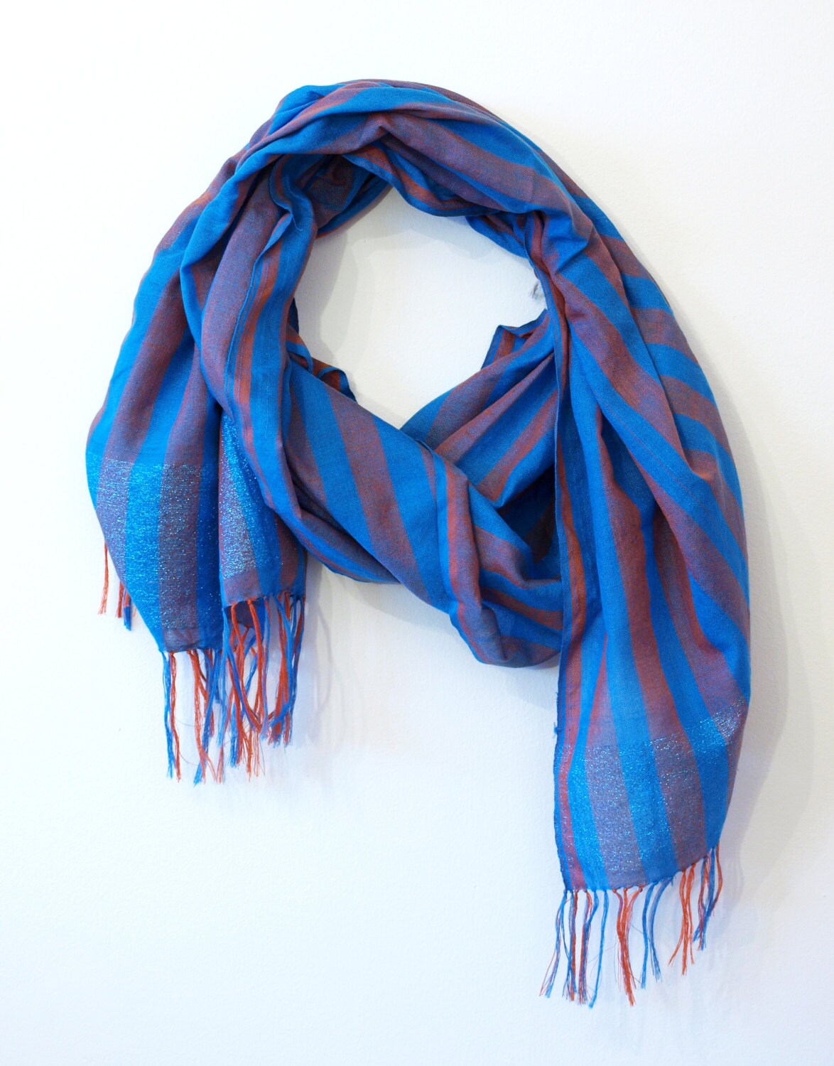 Bright blue and orange striped scarf with sparkly blue border Etsy