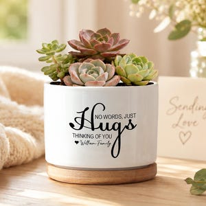 Peut inclure: Un pot de fleurs cylindrique en céramique blanche avec une base en bois clair, contenant un groupe de plantes succulentes vertes et roses. Le pot porte l'inscription noire : NO WORDS, JUST Hugs THINKING OF YOU William Family avec un cœur.