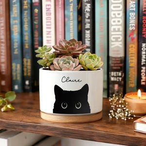 Aangepaste zwarte kat plantenbak | Nieuw woondecoratie | Keramische pot met bamboeblad | Aangepaste Pet Cat Sympathy-pot | Cadeau huisdiereigenaar | Voor altijd geliefd
