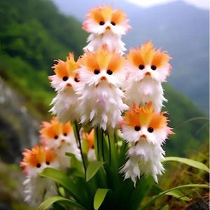 May include: A cluster of unique flowers with a whimsical design. Each flower resembles a small creature with white, orange, and black features. The flowers are arranged among green leaves, creating a playful and eye-catching display.