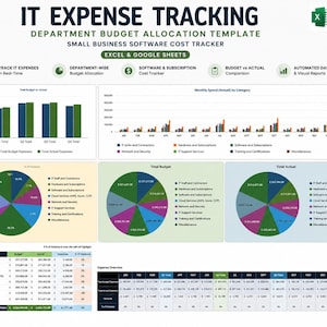 May include: An IT expense tracking and department budget allocation template for Excel and Google Sheets. The dashboard features bar charts, pie charts, and summary tables displaying budget versus actual expenses, monthly spend, and variance data.