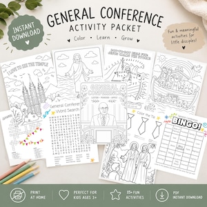 May include: A General Conference activity packet featuring multiple black and white printable pages with illustrations of a temple, Jesus, Noah's ark, and a speaker at a podium. Includes word searches, dot-to-dot puzzles, and a bingo game for children.