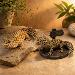Könnte beinhalten: Zwei Leopardgecko-Figuren mit gelb-braunem Fleckenmuster. Ein Gecko ruht auf einem flachen, strukturierten Stein, während der andere auf einem runden Sockel steht, der mit einem kleinen, dunklen Holzschild in verwitterter Optik versehen ist.