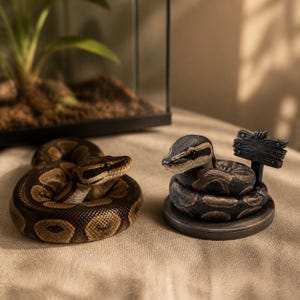 Könnte beinhalten: Ein lebender Königspython, der auf einer strukturierten Oberfläche zusammengerollt ist, neben einer kleinen, runden, dunkel gefärbten Skulptur einer zusammengerollten Schlange mit einem Miniatur-Wegweiser aus Holz an der Basis, beide mit braun-schwarzem Muster.
