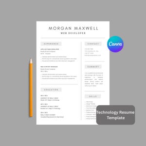 May include: A white resume template with the name Morgan Maxwell and the title Web Developer. The resume includes sections for experience, contact information, summary, education, and skills. A yellow pencil is on the left side, and a Canva logo is on the right.