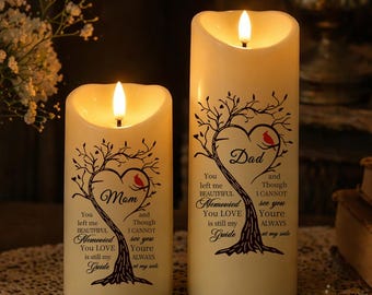 Personalized Memorial LED Candle Set for Mom Dad, Sympathy Gift for Loss of Parents, Custom Remembrance Flameless Candle, In Loving Memory