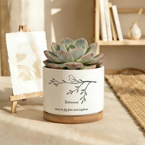 Custom Retirement Garden Planter Pot, Home Decor, Ceramic Planter Pot w/ Bamboo Tray, Retired Coworker Gift, Colleague Retirement Keepsake