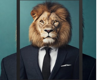 Stampa artistica da parete con leone, decorazione massimalista per ufficio, pezzo d'arredamento regale di grande impatto.