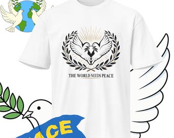 Maglietta con grafica "Pace nel mondo" - Colombe, rami d'ulivo, raggi di sole - Maglietta da attivista
